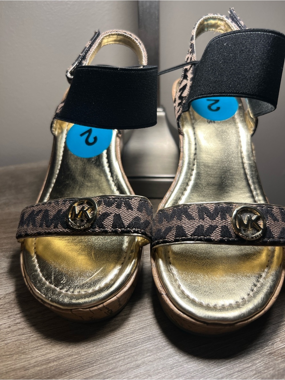 Michael Kors Gold Metallic Footbed Brown Logo Strap Sandals